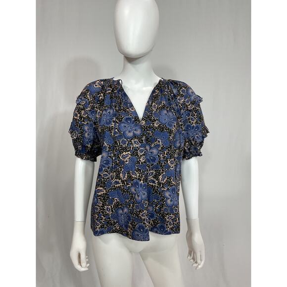 Ulla Johnson Blue Floral Print V-Neck Blouse Size 4 - Picture 2 of 5
